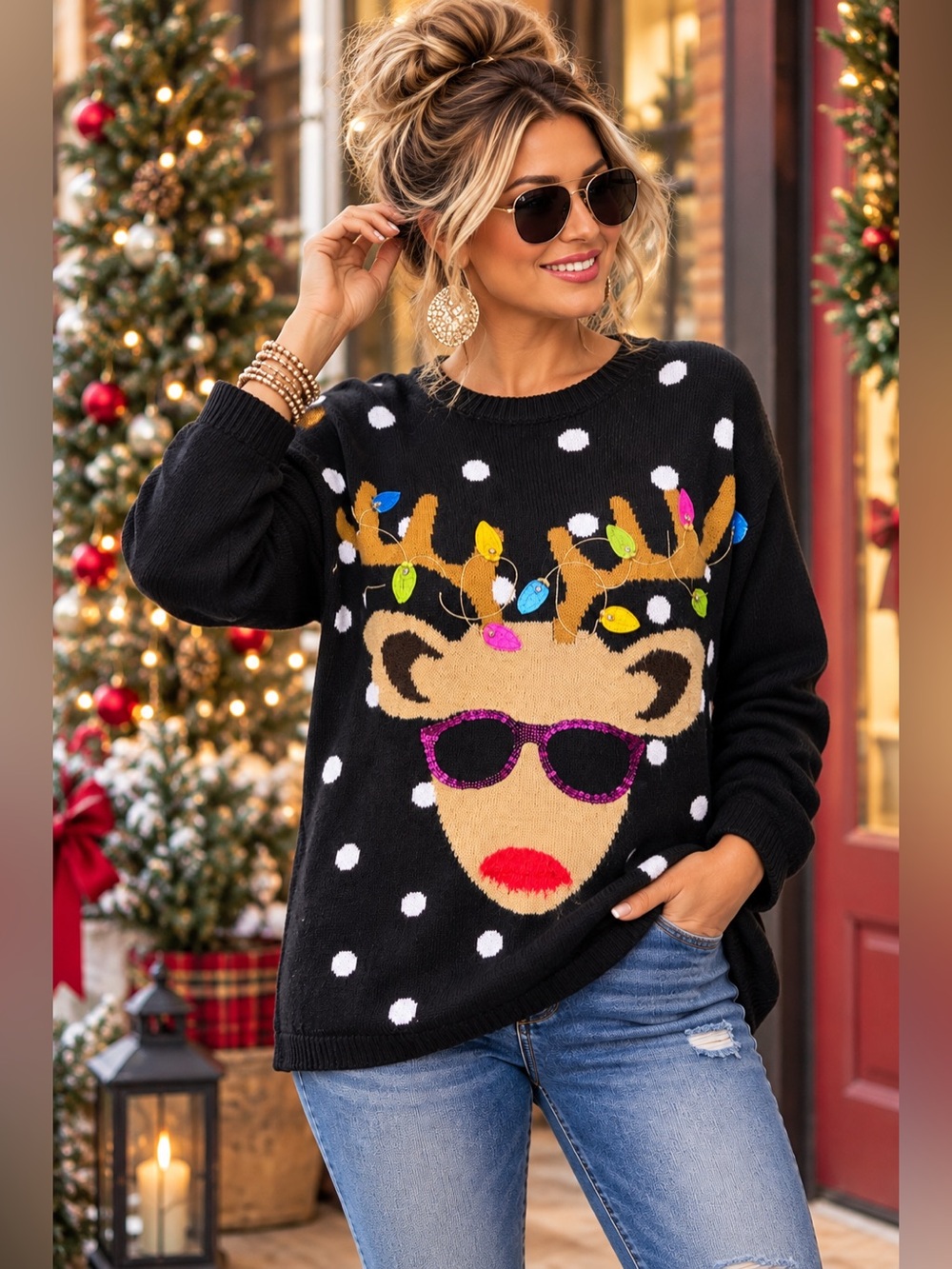Holiday Time 3X Reindeer Christmas Sweater Sequin Sunglasses Plus Size 22W 24W